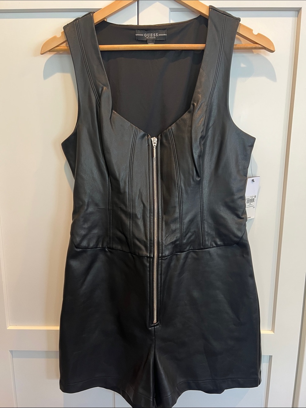 NWT Guess Black Faux Leather Zip-Front Romper